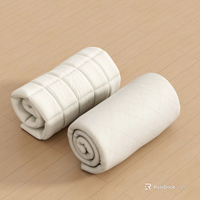 Lightweight Soft White Clothes Quilt Rolled Up Two Pieces on Wooden Floor Background 3d model 