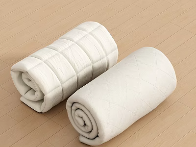 Lightweight Soft White Clothes Quilt Rolled Up Two Pieces on Wooden Floor Background 3d model