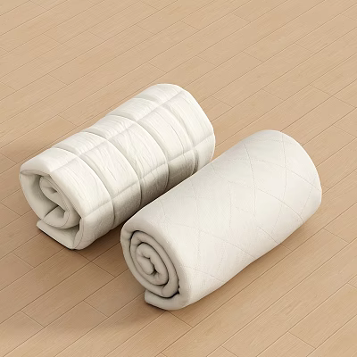 Lightweight Soft White Clothes Quilt Rolled Up Two Pieces on Wooden Floor Background 3d model