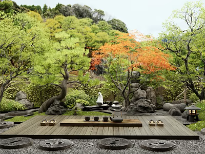 Tranquil Japanese Garden With Wooden Platform Stones Lantern And Colorful Trees 3d model