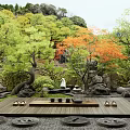Tranquil Japanese Garden With Wooden Platform Stones Lantern And Colorful Trees