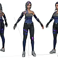 Game and Movie Character With Purple Gray Hair Long Sleeves Tight Pants and Tattoos