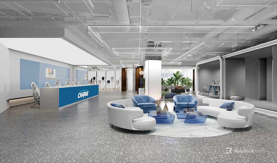 Modern CIVIC Reception Area With Blue White Sofas Circular Seating And Green Plants 3d model