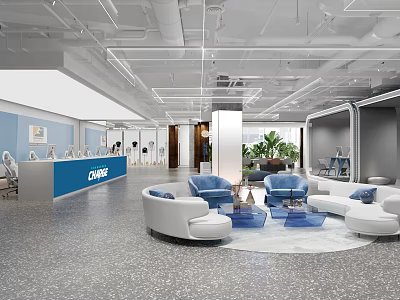 Modern CIVIC Reception Area With Blue White Sofas Circular Seating And Green Plants 3d model