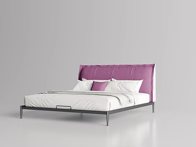 Modern Double Bed With Purple Headboard Black Metal Frame White Sheets And Pillows 3d model