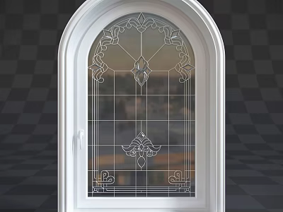 Elegant White Casement Window With Arched Top Intricate Patterns And Grid Glass 3d model
