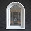 Elegant White Casement Window With Arched Top Intricate Patterns And Grid Glass