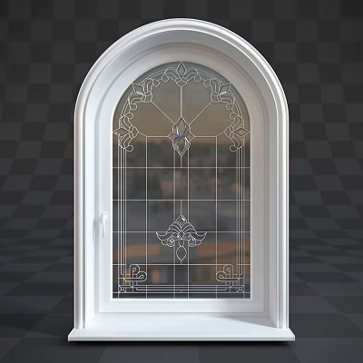 Elegant White Casement Window With Arched Top Intricate Patterns And Grid Glass 3d model