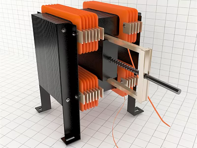 Black And Orange Industrial Equipment Featuring Metal Frame Stands And Connecting Rod Components 3d model