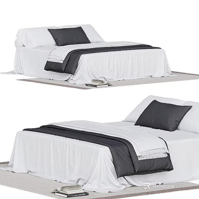 Modern Double Bed With White Sheets Black Pillows And Decorative Stripes 3d model 