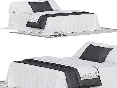 Modern Double Bed With White Sheets Black Pillows And Decorative Stripes 3d model