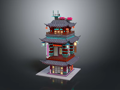 Traditional Chinese Three Story Pagoda Model With Red Lanterns And Tiled Roof 3d model