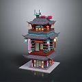 Traditional Chinese Three Story Pagoda Model With Red Lanterns And Tiled Roof
