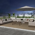 Modern Roof Garden Outdoor Space With Sofa Coffee Table White Umbrella And Green Plants