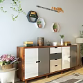 Modern TV Stand With Hexagonal Shelves Green Plants Books And Storage Cabinets