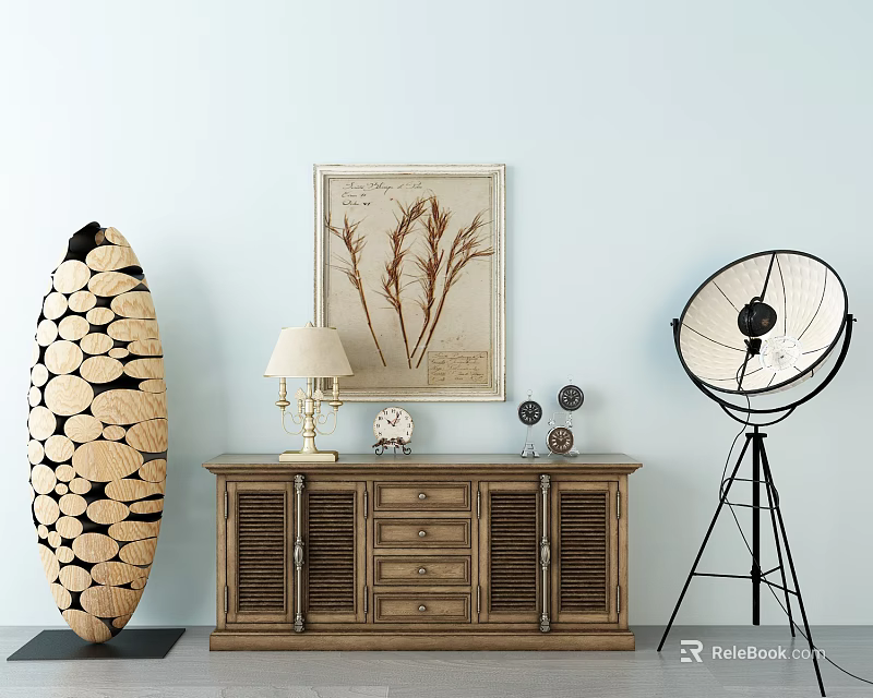 Vintage Wooden Entryway Console Table With Decorative Lamp Sculpture And Wall Art 3d model 