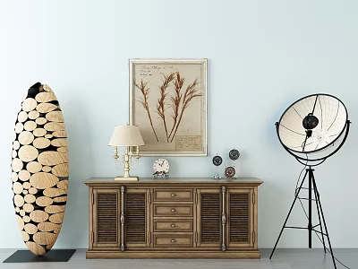 Vintage Wooden Entryway Console Table With Decorative Lamp Sculpture And Wall Art 3d model