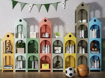 Colorful House Shaped Bookshelves With Books Decorations Toys Soccer And Basketball In Kids Room 3d model