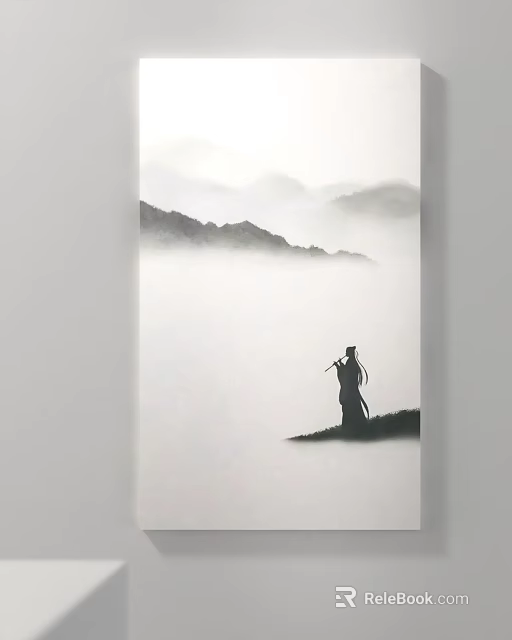 Traditional Chinese Landscape Art With Misty Mountains And Silhouette Figure Standing On Hilltop 3d model 