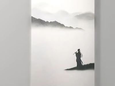 Traditional Chinese Landscape Art With Misty Mountains And Silhouette Figure Standing On Hilltop 3d model
