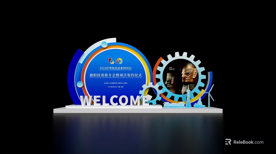 Modern Art Installation With Blue Circular Gear Design And WELCOME Text 3d model 