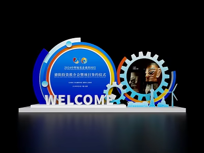 Modern Art Installation With Blue Circular Gear Design And WELCOME Text 3d model