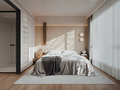 Modern Bedroom Interior Design With Cozy Bed Soft Rug And Natural Light Curtains 3d model
