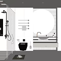 Modern Bathroom Interior Design With Round Mirror Glass Shower Vanity And Shelves