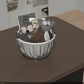 Black And White Storage Basket With Gray Brown Plush Toys On Brown Tabletop