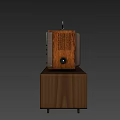 Vintage TV with Wooden Case and Top Antenna on Wooden Stand with Drawer and Shelves