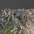 Scattered Pile of Raw Wood Logs and Stones on Grassy Natural Ground