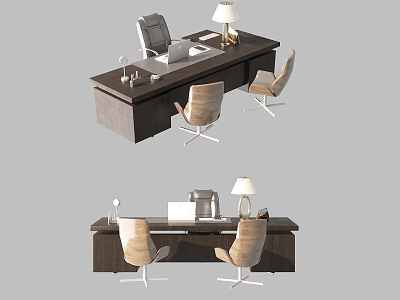 Modern Office Desk Setup With Wooden Desktop Office Chairs Computer And Table Lamp 3d model