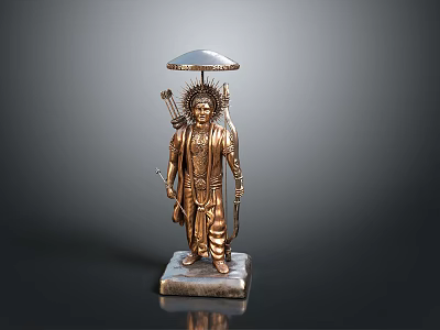 Golden Deity Character Statue With Umbrella Headdress Arrows Staff And Stone Base 3d model