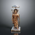 Golden Deity Character Statue With Umbrella Headdress Arrows Staff And Stone Base