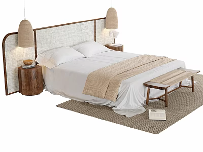 Double Bed With Woven Headboard Linen Pendant Lights White Bedding And End Bench 3d model