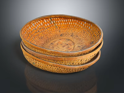 Handwoven Bamboo Wicker Baskets Stacked With Intricate Patterns For Home Storage 3d model