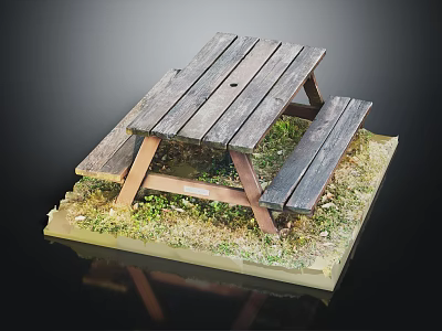 Rustic Outdoor Wooden Picnic Table Furniture With Attached Benches On Grass Base 3d model