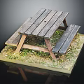 Rustic Outdoor Wooden Picnic Table Furniture With Attached Benches On Grass Base