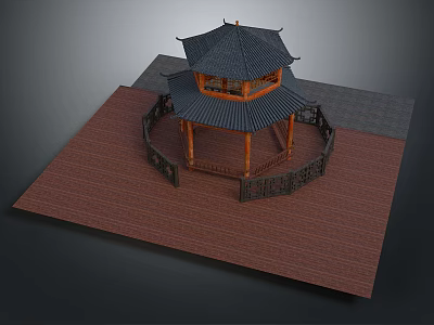 Traditional Chinese Pavilion With Black Tiled Roof And Wooden Frame On Platform 3d model