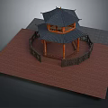 Traditional Chinese Pavilion With Black Tiled Roof And Wooden Frame On Platform