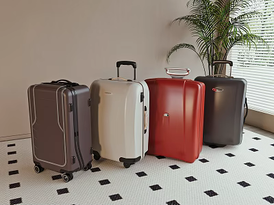 Various Colored Suitcases Lined Up On Black White Checkered Floor With Plant Window Background 3d model