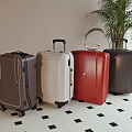 Various Colored Suitcases Lined Up On Black White Checkered Floor With Plant Window Background