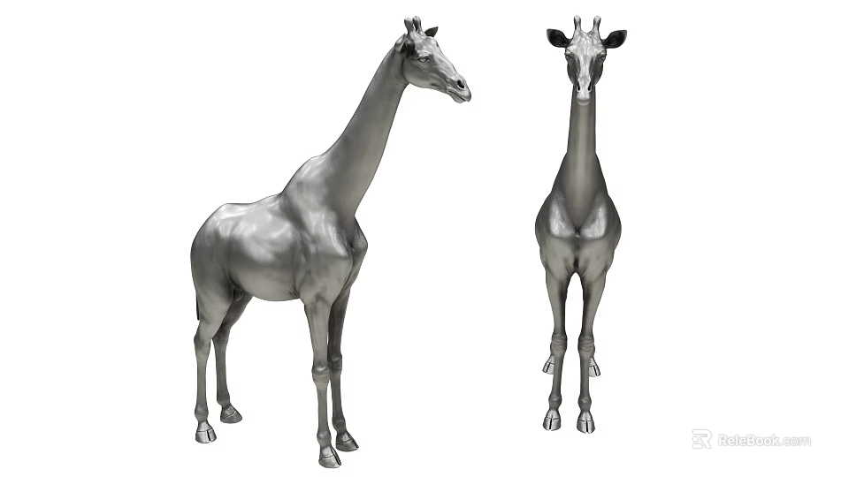 Two Standing Silver Metallic Giraffe Sculptures With 3D Design And Lifelike Postures 3d model 
