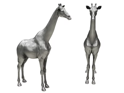 Two Standing Silver Metallic Giraffe Sculptures With 3D Design And Lifelike Postures 3d model