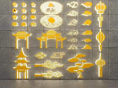 Chinese Traditional Golden Decorative Wall With Pagoda Lanterns Photo Check In Spot 3d model