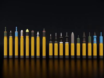 Yellow Military Missiles With Various Warhead Tips Arranged On Black Background 3d model