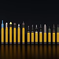 Yellow Military Missiles With Various Warhead Tips Arranged On Black Background