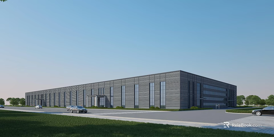 Modern Gray Exterior Industrial Factory Building With Large Windows Metal Structure And Grass 3d model 