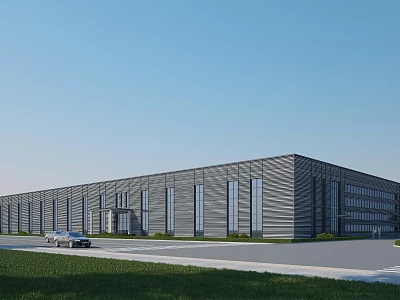 Modern Gray Exterior Industrial Factory Building With Large Windows Metal Structure And Grass 3d model