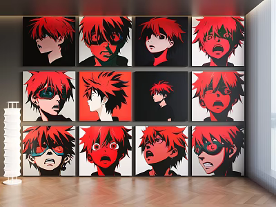 Anime Style Red Haired Character Paintings Multiple Grid Wall Display Artworks 3d model